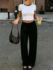 1 Set Women White Short Sleeve T-Shirt And Solid Color Drawstring Casual Pants - Multicolor - View 4