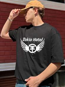 Camiseta de manga corta estampada de Tokio Hotel para hombre - Corte regular, estilo urbano, regalo para él, uso diario casual de verano - Negro - Ver 1