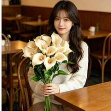 3pcs Champagne Calla Lily Artificial Flowers With Leaves, Suitable For Wedding, Vase And Floor Decoration - Champagne - View 1