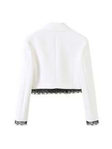 2026 Women's Commuter Elegant Solid Color Long Sleeve Lapel Single Button Right Shoulder Lace Suit Jacket White - White - View 9