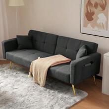 Sofa Bed With Adjustable Incline, Gold Legs, Cushions And Side Storage Pockets - 深灰色 - 查看 2