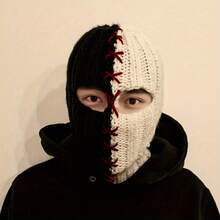 Men's Headgear Autumn/Winter Knit Hat Black And White Color Block Warm Face Mask Balaclava Hat Unique Stylish Funny Stitched Headgear - Black and White - View 1