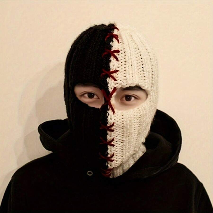 Men's Headgear Autumn/Winter Knit Hat Black And White Color Block Warm Face Mask Balaclava Hat Unique Stylish Funny Stitched Headgear - Black and White - View 1