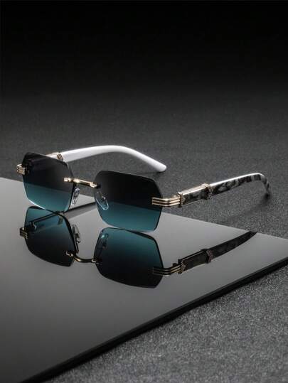 1 Pair Men's Multi-Color Ocean Blue Square Frameless Beveled Edge Glasses, Casual Dopamine Retro Luxury Classic Elegant High-End Style, Fashion Eyewear Suitable For Family Gatherings, Visiting Elders, Autumn Outings, And Team Building