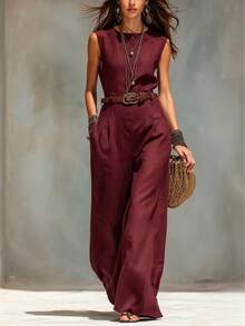 Elegant Sleeveless Round Neck Jumpsuit With Belt & Wide Leg, Casual Vestidos Elegantes For Everyday Wear - 白色 - 查看 2