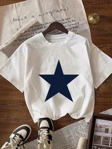 Women's Short-Sleeved T-Shirt With Round Neck, Printed With Leopard And Star Pattern - White - View 1