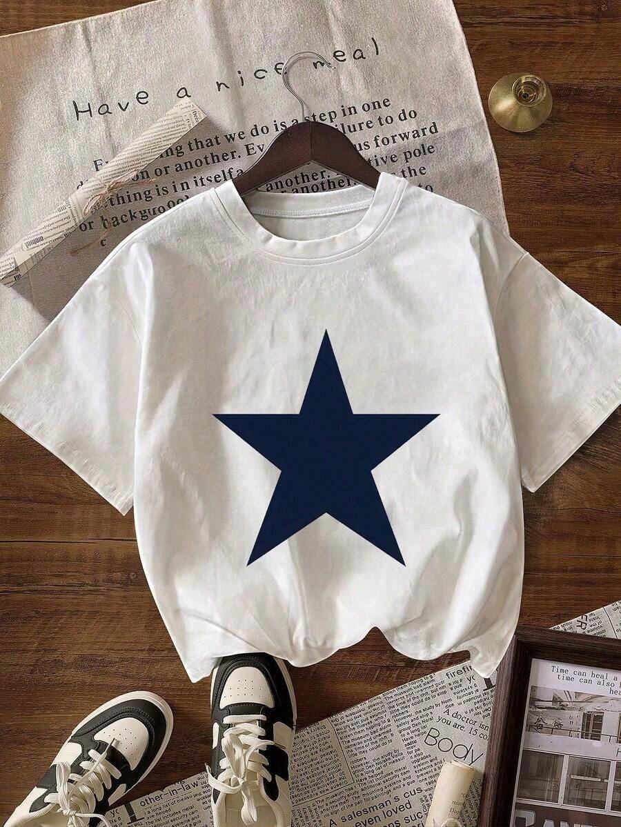 Women's Short-Sleeved T-Shirt With Round Neck, Printed With Leopard And Star Pattern - White - View 1