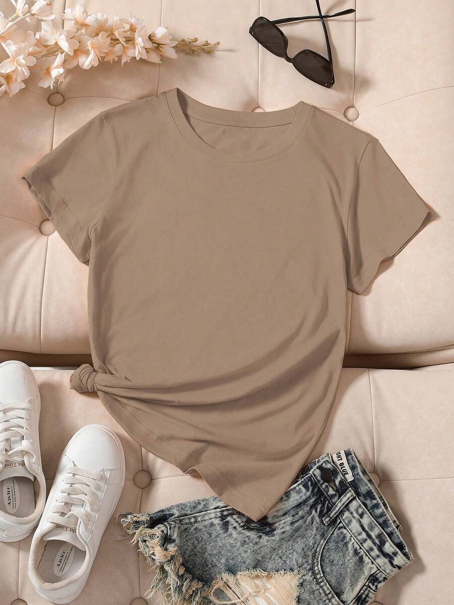 SuriyaCove Women's Solid Color Round Neck Short Sleeve T-Shirt - 摩卡棕 - 查看 1