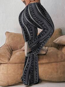 Pantalones acampanados de estampado geométrico de moda casual de talla grande, color negro de primavera - Negro - Ver 2