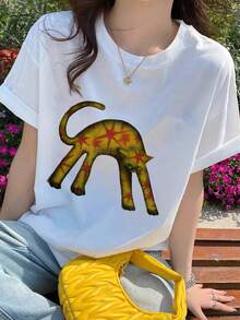 Women's Fashion Casual Loose Fit Cartoon Cat Print Short SleeveT-Shirt, Versatile For Summer White - White - View 5