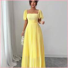 Vestido de línea A para mujer de color amarillo crema con cuello cuadrado y cintura ceñida, elegante y romántico - Burdeos - Ver 4