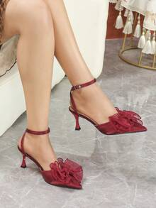 Elegant Red Mesh Bow Pointed Toe Stiletto Heel Sandals For Women, Single Strap Backless High Heels, Versatile Pumps For Commuting And Dating - Red - View 3