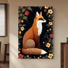 Enmarcado Lienzo 2D plano de 1 pieza con diseño vibrante de zorro, flores y hongos - Marco plano 2D incluido, ideal para la decoración de la sala de estar, dormitorio, oficina o cocina, decoración festiva de pared | Arte inspirado en la naturaleza |  de pelaje detallada, decoración de zorro - Enmarcado - Ver 3