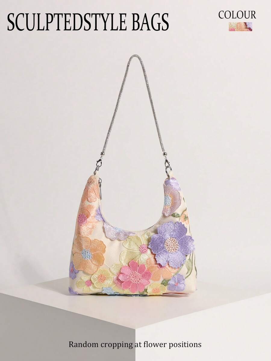 Yellow-Green Lace Hollow Floral Hobo Shoulder Bag With Sparkling Rhinestones For Women, Suitable For Vacation (Floral Pattern Randomly Distributed) - Multicolor - View 1