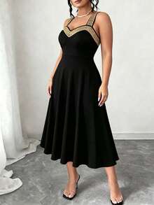 Plus Size Elegant Fitted Spaghetti Strap Dress, Gold Sequin Trim On Straps And Bust, Stretchy Fabric, Inclusive Fit, A-Line Dress Black - Black - View 3