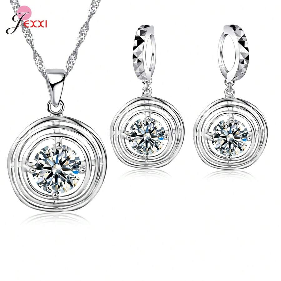 925 Sterling Silver Plating Necklace And Earring Set With Cubic Zirconia, Cross, Heart And Butterfly Design, Fashion Jewelry For Women. - 73301 - 查看 1