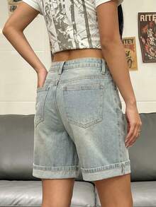 Short en jean décontracté pour femme à ourlet replié, été - Bleu délavé vintage - Voir 6