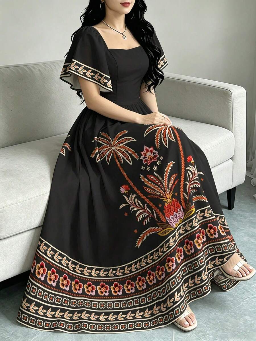 Vestido bohemio vintage con estampado floral para mujer, escote cuadrado, mangas abullonadas, dobladillo con volantes - Multicolor 3 - Ver 1