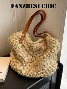 Chic Beige Straw Woven Hobo Tote, Soft Openwork Crochet With Leather Straps, Lightweight & Breathable, Perfect For Summer Vacations, Pool Days & Casua - Beige - View 6
