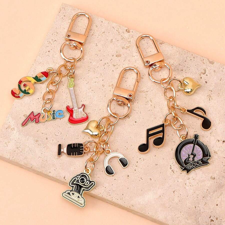 1pc Unisex Musical Note Earphone Alloy Oil Drip Heart Pendant Keychain Bag Charm - Multicolor - View 1