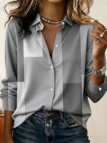 Vintage Casual Geometric Color Block Print Women's Plus Size Long Sleeve Button-Up Shirt - Grey - View 1