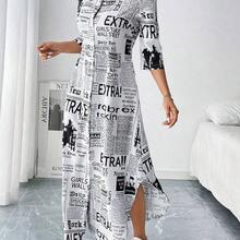 Vestido camisero de mujer de estilo maxi con estampado de periódico - Multicolor - Ver 4