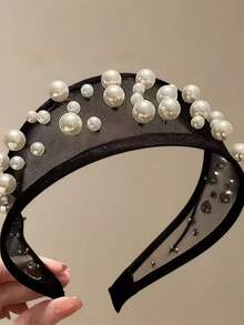 1件女款黑色寬版髮箍，高級奢華風，百搭髮飾，附髮夾髮帶 - 彩色 - 查看 7