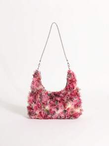 Bolso de hombro hobo de encaje amarillo-verde con diseño floral hueco y adornos de strass para mujer, adecuado para vacaciones (patrón floral distribuido aleatoriamente) - Rosa - Ver 6