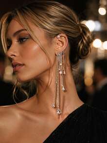 FAAABULS 1pc Shiny Crystal Tassel Ear Clip With Pearl Decor, Long Rhinestone Chain Earrings, Women's Evening Party Jewelry - EH2091 - View 2
