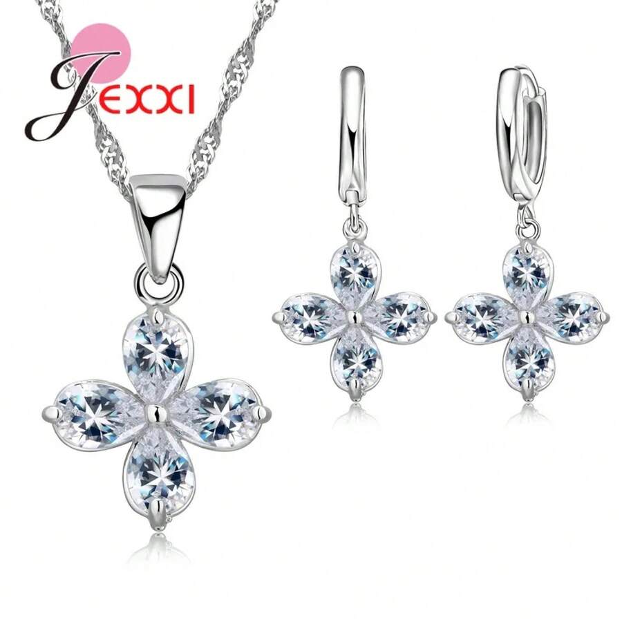 925 Sterling Silver Plating Necklace And Earring Set With Cubic Zirconia, Cross, Heart And Butterfly Design, Fashion Jewelry For Women. - 35101 - 查看 1
