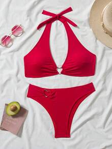 New 2026 Model: Women's Heart-Shaped Neck Tie Bikini Set - [Red] - View 2
