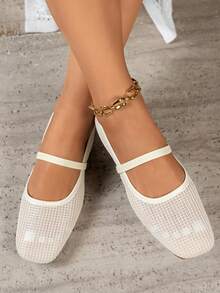 Spring Summer Mesh Breathable Ballet Shoes Square Toe Single Strap Women's Flat Shoes Daily Commute Versatile Slip-On - Beige - View 3