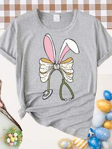 Camiseta de mujer de cuello redondo con estampado gráfico de conejita enfermera de Pascua, mangas cortas casuales, perfecta para una silueta de primavera/verano - Gris - Ver 1