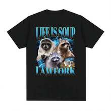 Funny Raccoon T-Shirts, "Life Is Soup I Am Fork" Meme For Men And Women, Vintage Hip Hop Graphic Tees, Casual Short-Sleeve Cotton T-Shirt - 彩色 - 查看 1
