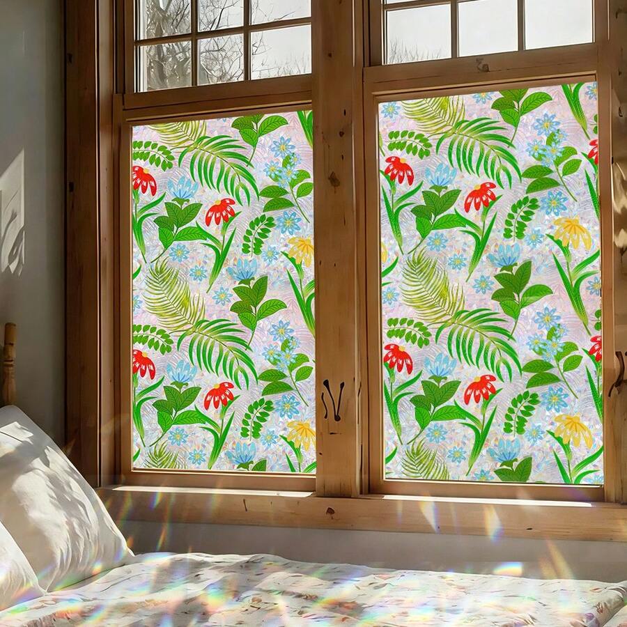 1 Roll Tropical Greenery & Wildflower Window Film, 44.5cm(17.5in) Wide, Static Cling Glue-Free Privacy Glass Sticker, Holographic Prism Effect, UV Protection, Removable, With Installation Tools, Suitable For Home, Office, School, Classroom, Dorm - Wild Fun - View 1