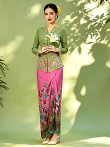 Saruang Kebaya For Women, Nyonya Kebaya 1pc Floral Print Elegant Skirt, Spring/Summer (Top Not Included) - Red - View 8