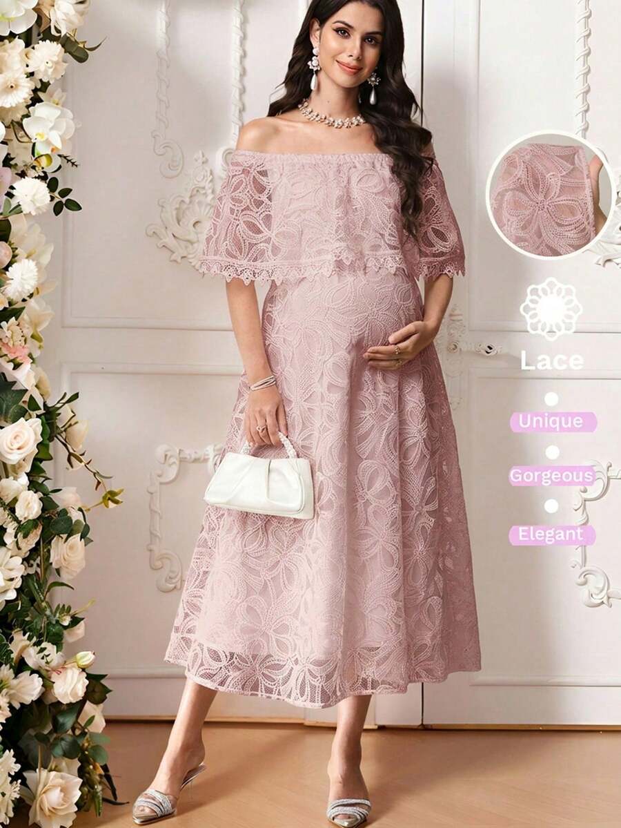 Vestido elegante de hombros descubiertos para mujeres embarazadas - Rosa vieja - Ver 1