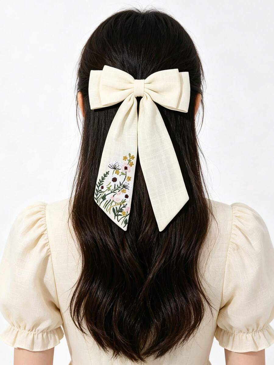 1件刺繡花朵兒童女孩髮飾蝴蝶結,優雅簡約長尾米色髮夾,適合日常、旅行、度假、生日,公主風女孩髮飾 - 彩色 - 查看 1