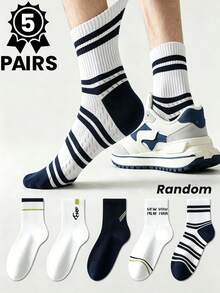 1/5 Pairs Random Men's Black, White & Navy Striped Letter Rib Knit Breathable Moisture-Wicking Short Socks, Casual Sports Style Suitable For Daily Commute - Multicolor - View 10