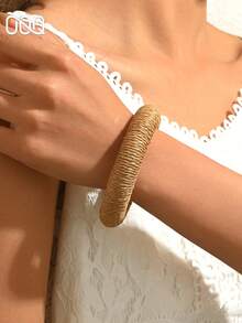 OOQ 1pc Minimalist Style Raffia Plain Hoop Bracelet For Women, Elegant Fashion Simple Casual Versatile Bangle, Suitable For Daily Commute, Gatherings, Holidays, Gifts (Handmade Raffia Weaving, Random Direction And Shape) - Khaki - View 8