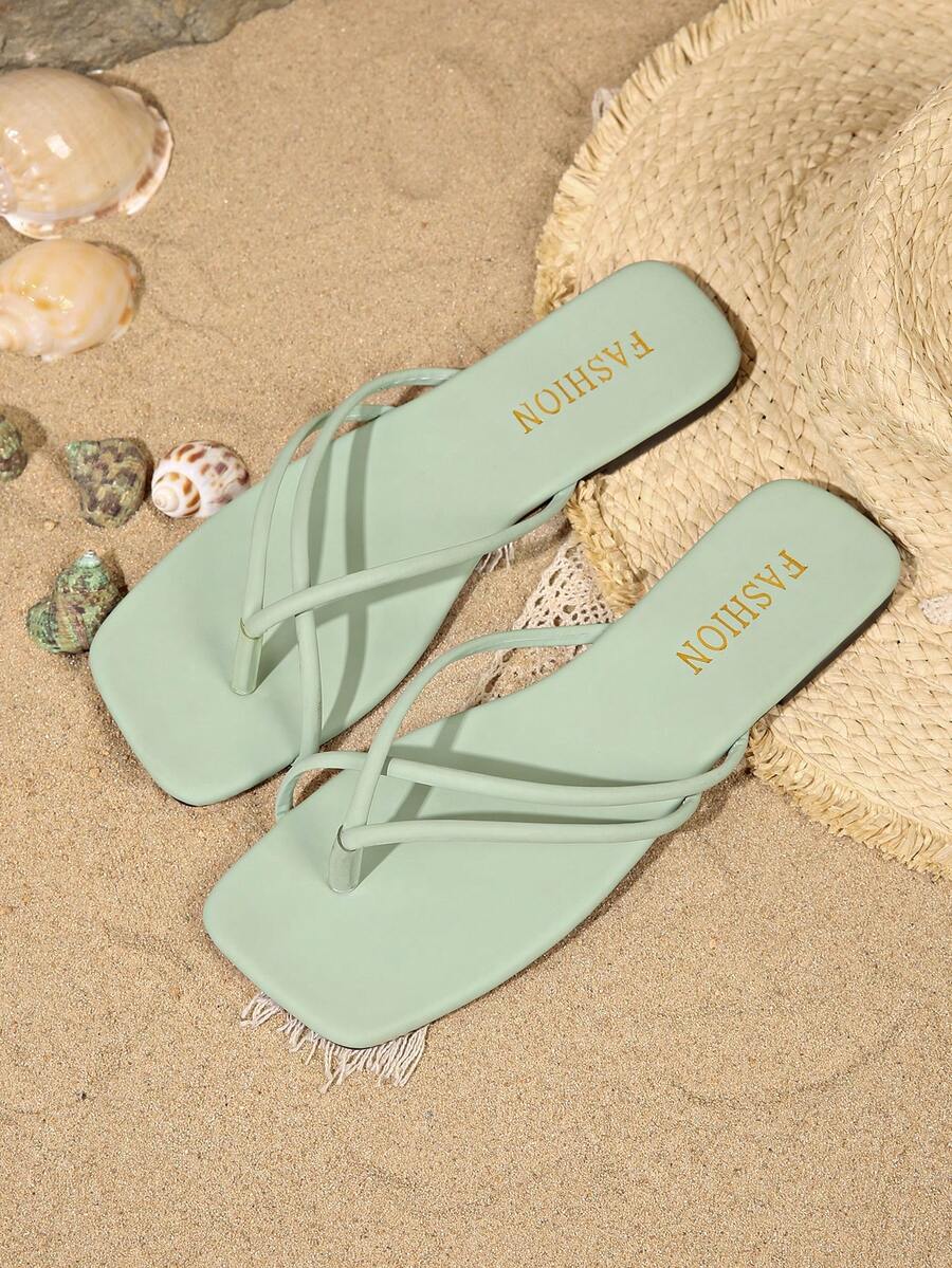 Mint Green Square Toe Criss-Cross Thin Strap Flat Slide Sandals