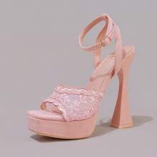 Sandali con tacco alto rosa ricamati in pizzo, scarpe da festa sexy con punta aperta, punta quadrata, tacco a calice di vino, platform, ciabatte da ballo, scarpe estive da donna - Rosa - Visualizzare 14
