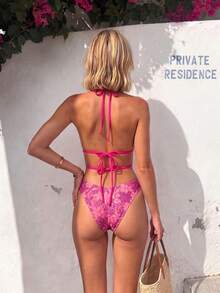 HOTTIE HABIT Damen glänzendes rosa Blumen-Bikini-Set, sexy Badeanzug mit Kreuzdetail, geeignet für Sommerurlaub und Freizeitkleidung - Verschiedenfarbig - Übersicht 5