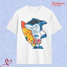 Camiseta Casual de Verano para Hombre, Blanca, con Diseño de Tiburón de Dibujos Animados con Tabla de Surf y Gafas de Sol, Regalo para Él en Vacaciones en la Playa - Blanco - Ver 1