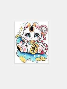1 Pc Cute Kawaii Maneki-Neko Temporary Tattoo Sticker, Waterproof Long Lasting Fake Tattoo, Colorful Japanese Fortune Cat Body Art For Arms & Forearms - Multicolor - View 2