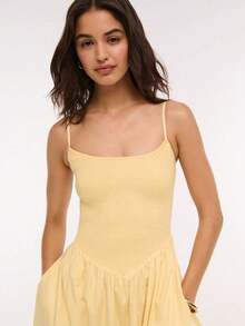Vestido Tirantes Rayas Bandeau Espalda Descubierta Bolsillos A-line Largo - Amarillo - Ver 2
