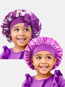 2pcs Printed Elastic Ribbon Satin Round Hair Caps For Toddlers - K-21 Purple / JDKB-21E Dark Purple Unicorn - View 6
