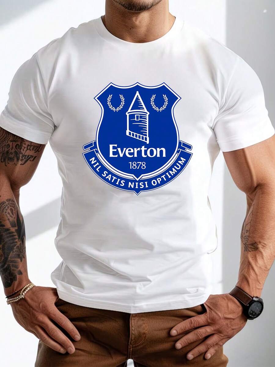 Camiseta Manga Corta Hombre 100% Algodón Estampado Everton 1878 Escudo Futbol Club Casual Verano Comodo - Blanco - Ver 1
