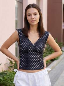 Women's Deep V Neck Tops Summer Short Cap Sleeve Dot Print Trendy Slim Fit T-shirt - Negro - Ver 2