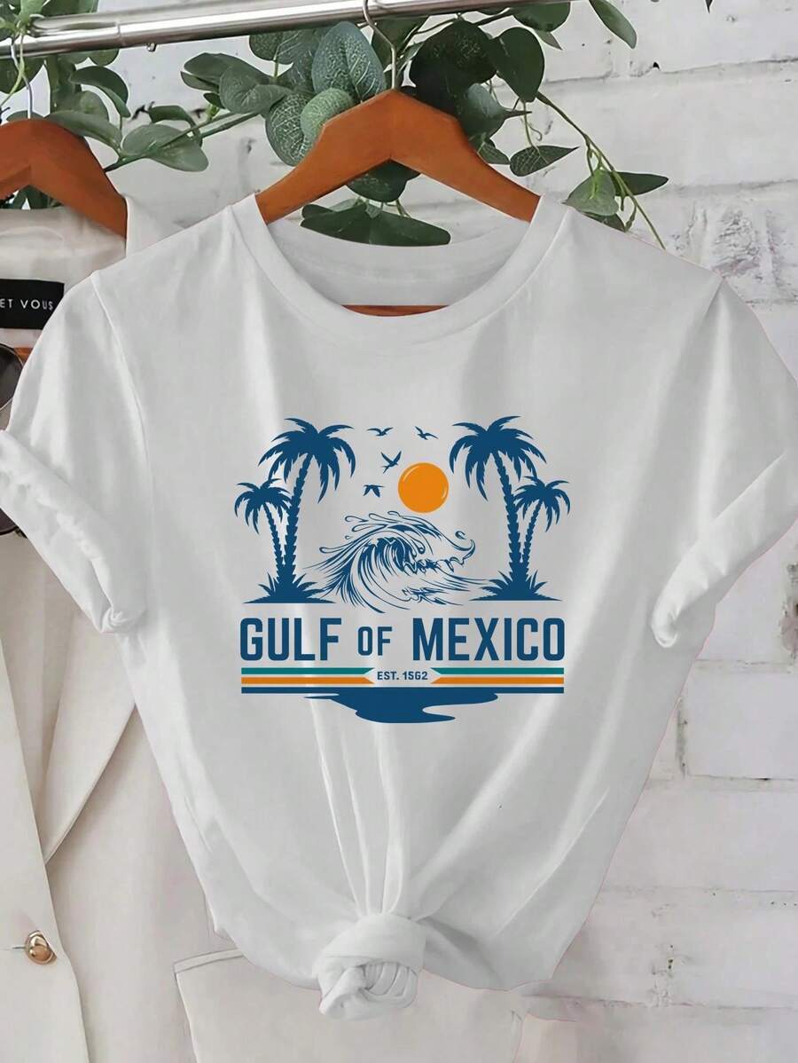 Camiseta de Mujer Estampada con Flores, Manga Corta y Cuello Redondo, Ligera y Transpirable para Primavera y Verano Blusa informal verano Playera con frase graciosa para mujer - Blanco - Ver 1